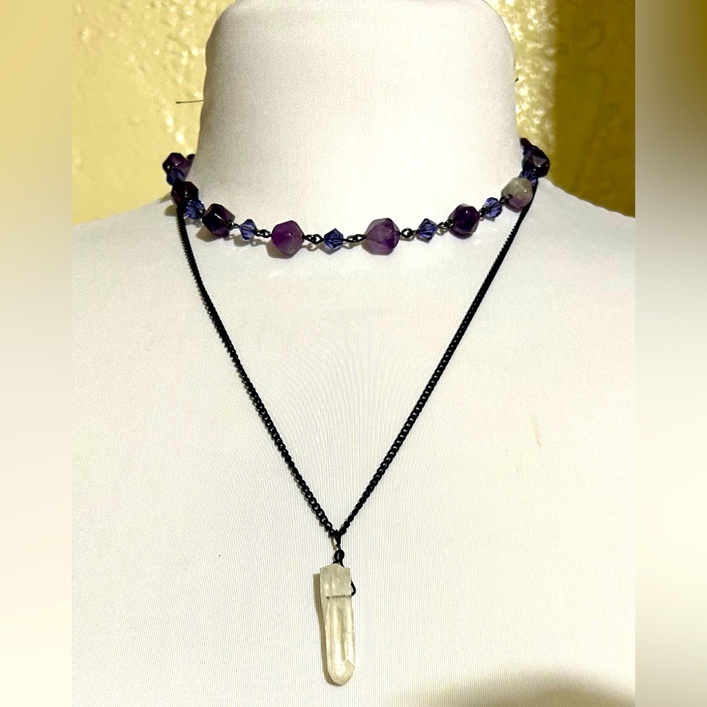 Star cut purple Amethyst and quarts crystal necklace